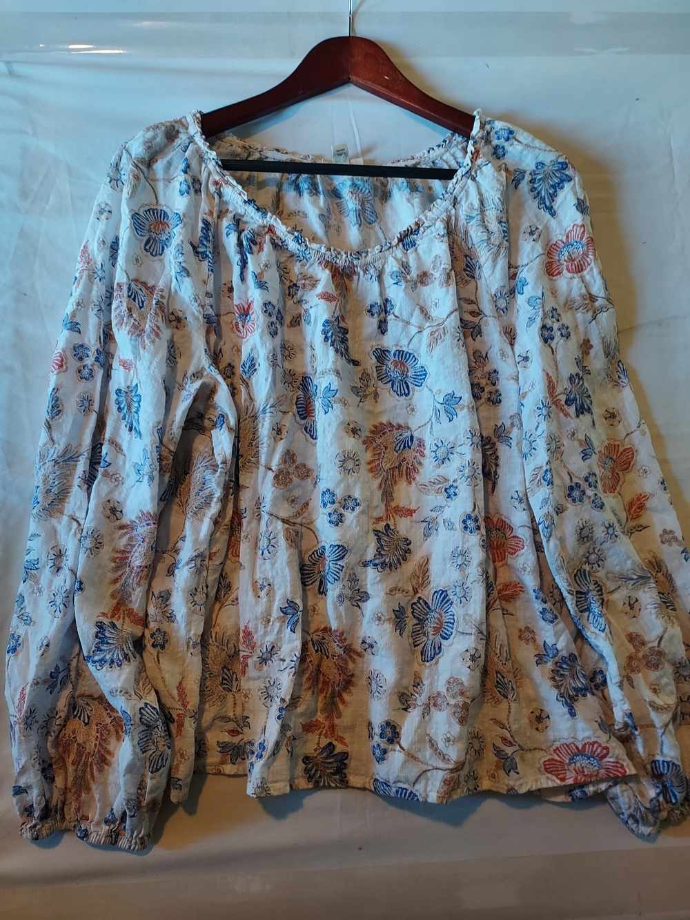 Relaxed Floral Peasant Blouse - Cream with Blue & Rust Flowers